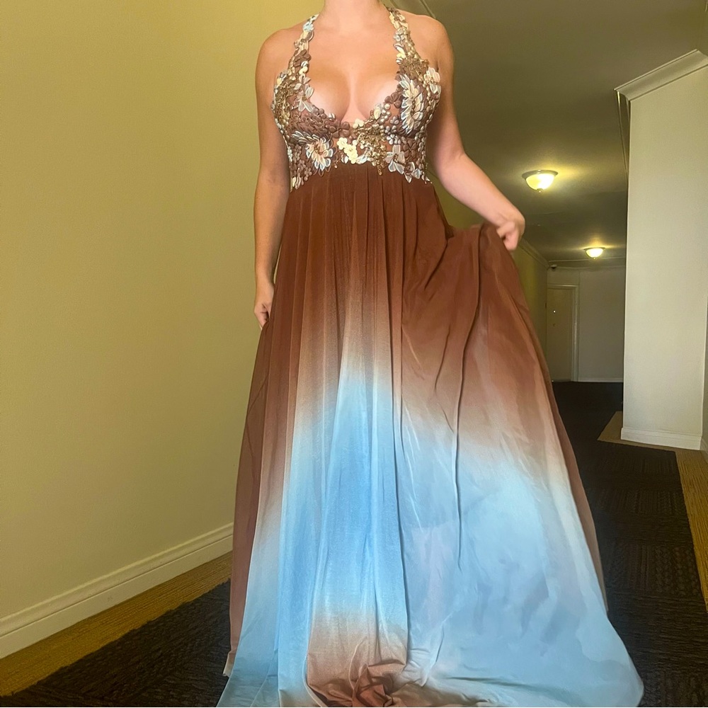 Ema Savahl couture blue and brown gown